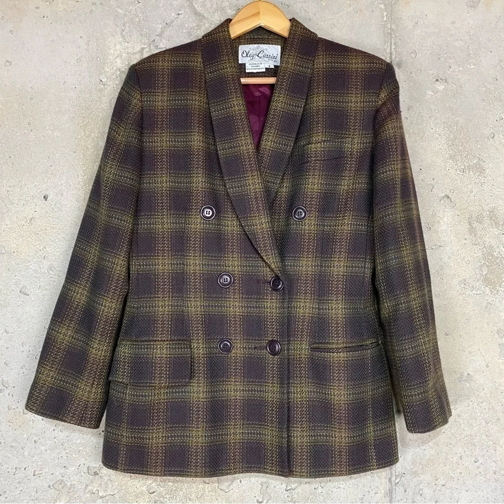 Vintage Oleg Cassini brown plum purple tan plaid double breasted blazer medium 8